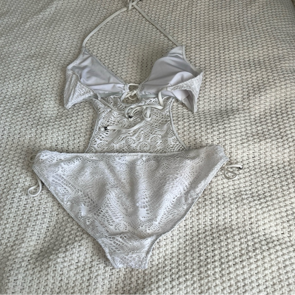 Polo Ralph Lauren White Lace Crochet Women’s One Piece Swimsuit Blue Label - Picture 7 of 12